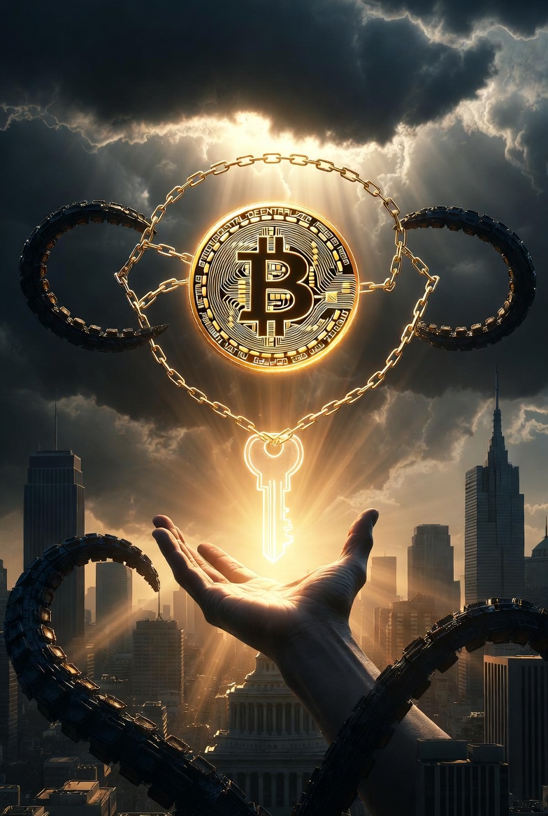 Blockchain: Freedom or Enslavement Glowing Bitcoin surrounded by golden blockchain chains breaking free from dark tentacles of banking and government control, with a radiant key of ownership held in an open hand
