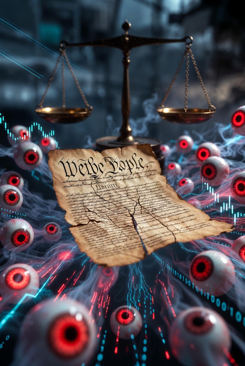 Essential Liberty vs. Temporary Safety Cracked U.S. Constitution document floating amid glowing red AI surveillance eyes, digital data streams, and unbalanced scales of liberty versus temporary safety