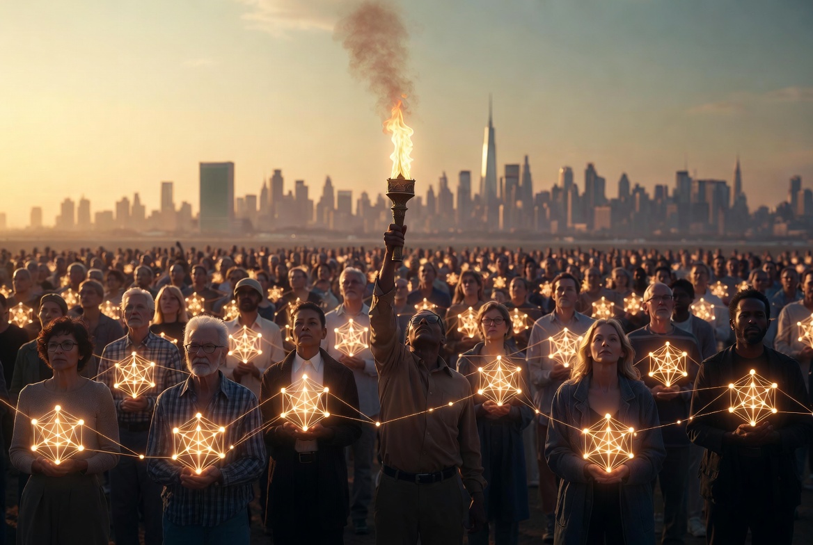 The Strongest Community on Earth Diverse global crowd of people of all ages and backgrounds holding glowing blockchain network nodes and a shared liberty torch, with New York City skyline and UN building at sunrise