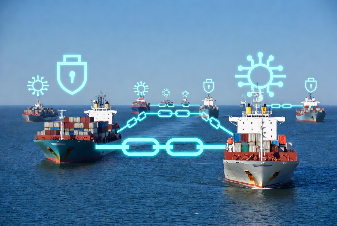 Oil tankers in the Strait of Hormuz connected through blockchain technology and smart contracts.