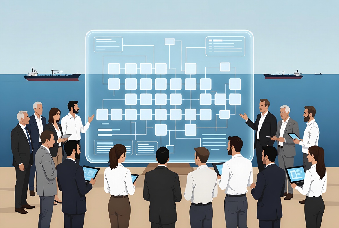 International stakeholders collaborating around a blockchain-based maritime governance system.