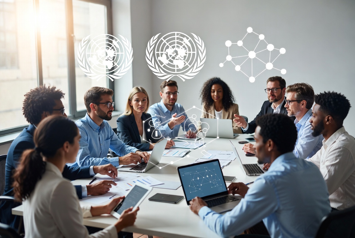 Diverse professionals collaborating with UN and blockchain elements