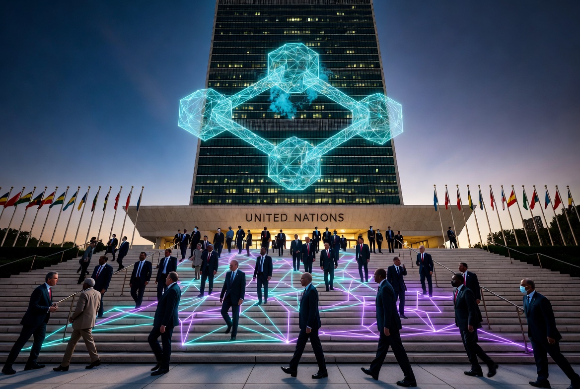 World leaders and heads of state entering the United Nations General Assembly Hall during UNGA 81 with subtle neon blockchain overlay
