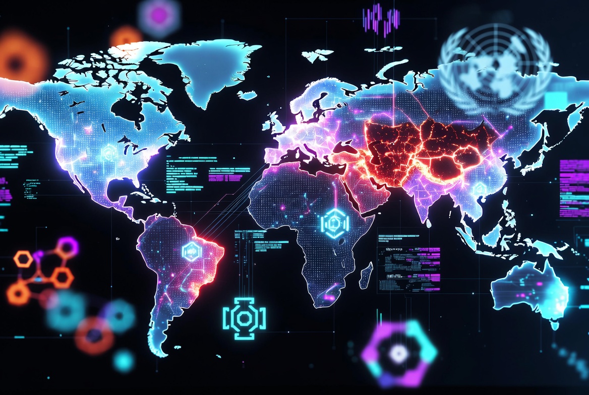 Glowing neon world map showing conflict zones in Ukraine and Middle East with blockchain nodes bridging divides