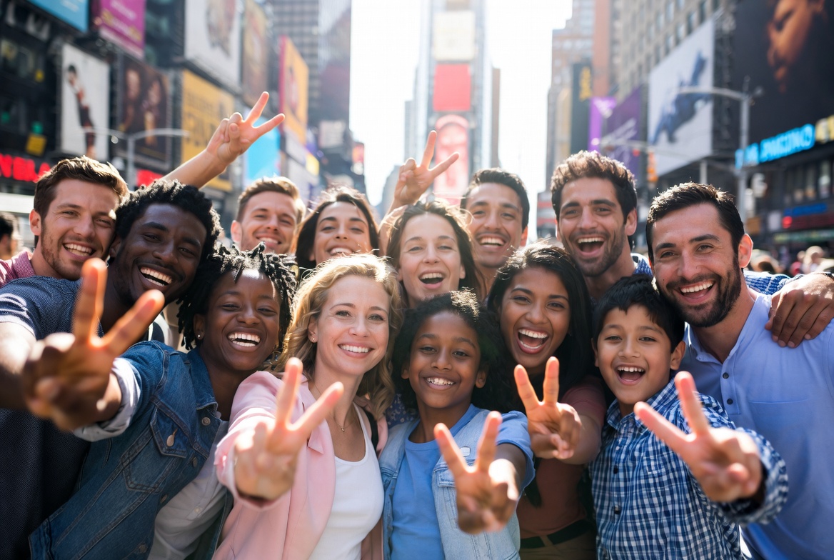 Diverse group of people in Times Square joyfully making peace signs