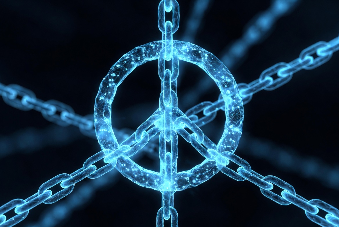 Glowing blue peace symbol connected with a blockchain network