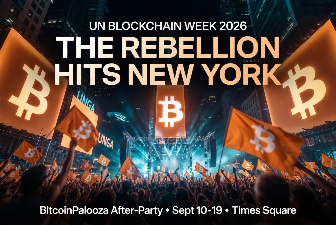 UN Blockchain Week 2026 in Times Square with massive Bitcoin symbols, energetic crowd waving Bitcoin flags, and bold text 'The Rebellion Hits New York' – BitcoinPalooza After-Party Sept 10–19