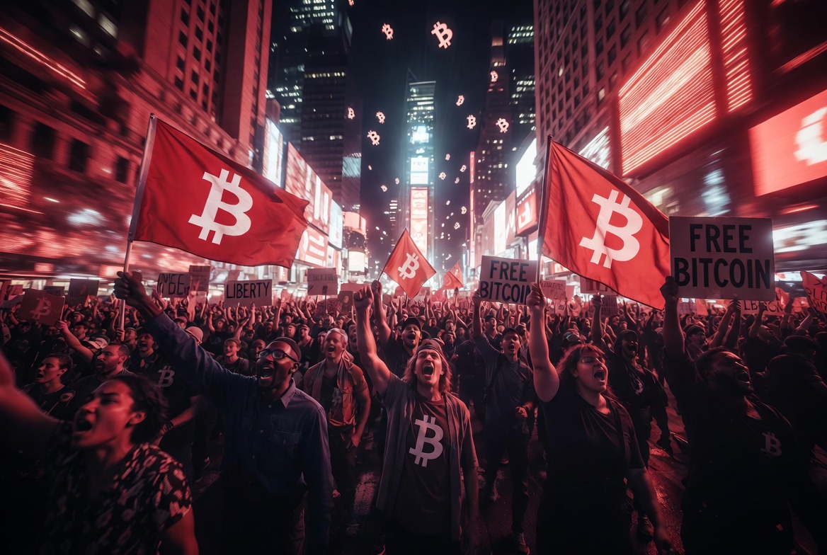 Powerful crowd in Times Square at night holding Bitcoin flags and signs, chanting with revolutionary energy during UN Blockchain Week 2026