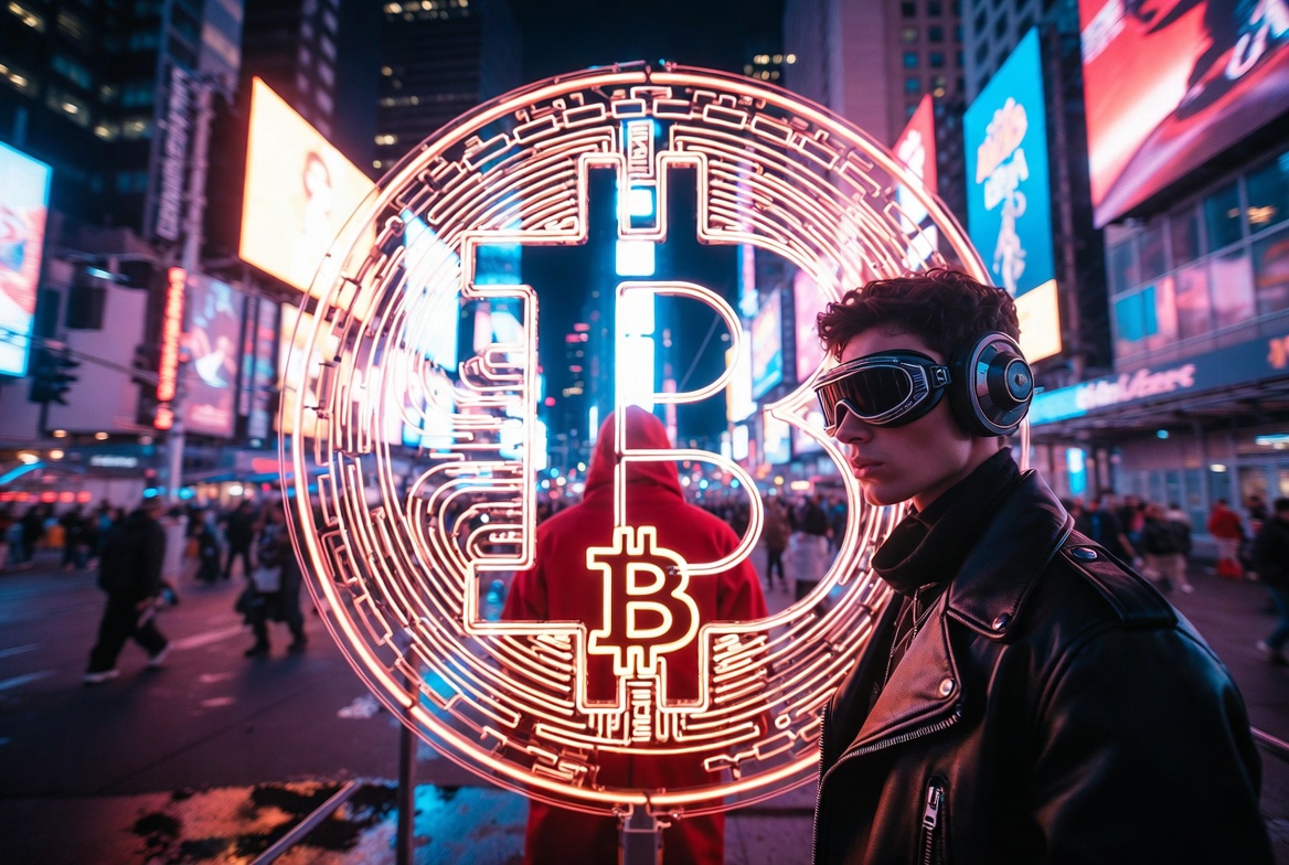 Stylish person in futuristic gear standing in front of a large glowing Bitcoin installation in Times Square at night during UN Blockchain Week 2026