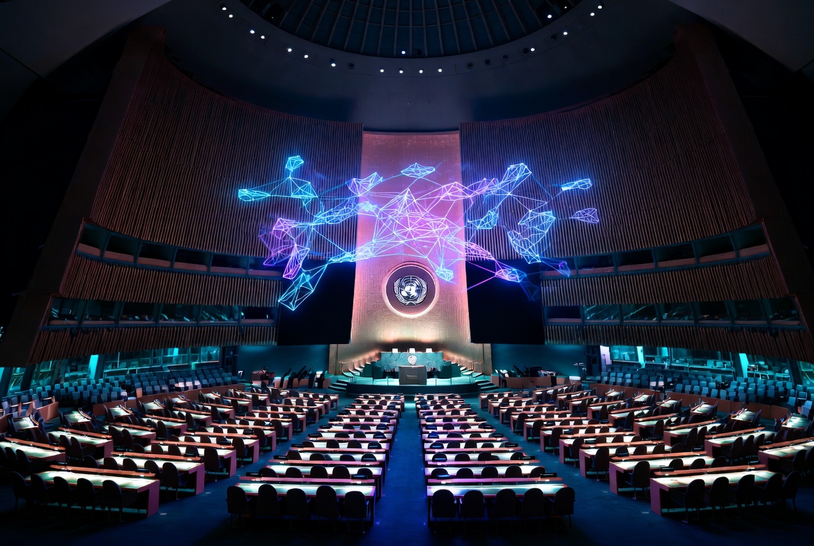 United Nations General Assembly Hall in New York with glowing neon cyan and purple blockchain nodes overlay