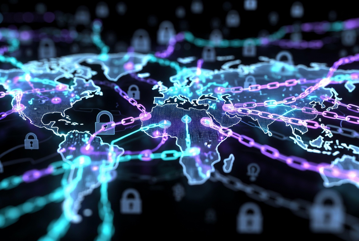Futuristic glowing neon cyan and purple global blockchain network visualization representing decentralized transparency
