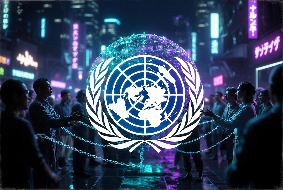 Visionary future of multilateral governance powered by decentralized blockchain technology – UN emblem fused with glowing network