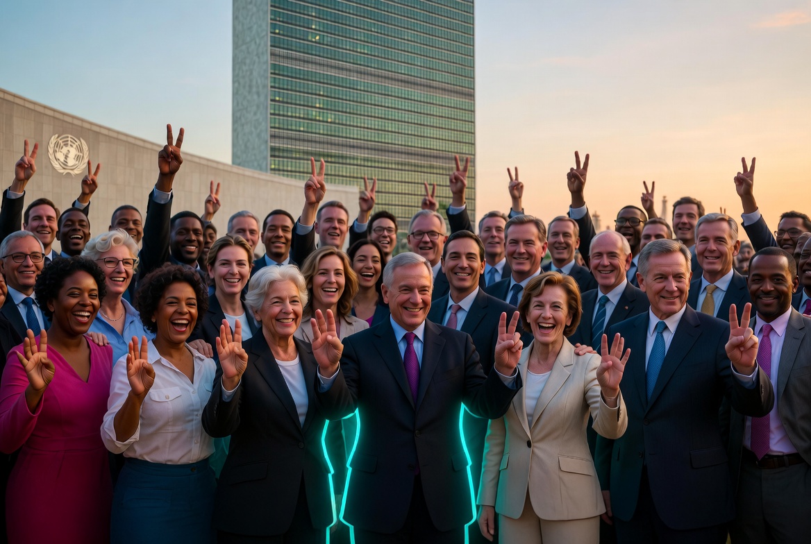 Diverse world leaders and citizens standing united in front of the United Nations, symbolizing one human species choosing peace together
